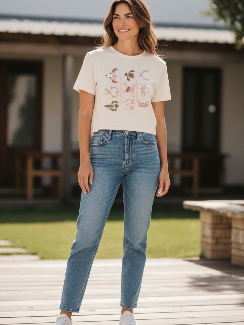 Cream Floral Graphic Cropped Tee - Women's Casual Crop Top Cowboy Western